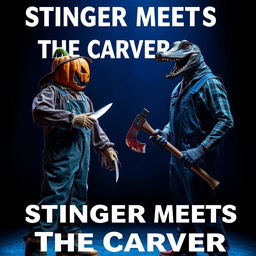 An intense standoff scene featuring a frightful scarecrow dressed in rugged overalls, adorned with a scary pumpkin head and holding a knife
