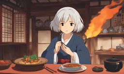 Studio Ghibli style anime featuring a white-haired girl blowing fire after eating medium spice curry in a traditional Japanese setting