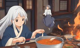 Studio Ghibli style anime of a white-haired girl comically breathing out fire after eating medium spice curry in a traditional Japanese setting