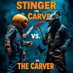 A gripping standoff scene featuring a frightful scarecrow wearing rugged overalls and a chilling pumpkin head, clutching a knife menacingly