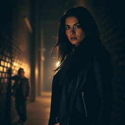 A dramatic and emotional scene in a dark alley, showcasing a woman standing strong and defiant