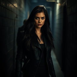 A dramatic and emotional scene in a dark alley, showcasing a woman standing strong and defiant