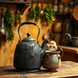 An antique blackened kettle, covered in soot, sits prominently in the center of the image