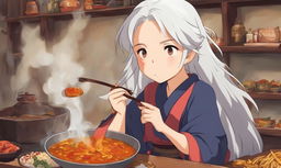 Studio Ghibli style anime of a white-haired girl comically breathing out fire after eating medium spice curry in a traditional Japanese setting