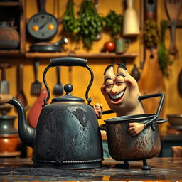 An antique blackened kettle, covered in soot, sits prominently in the center of the image