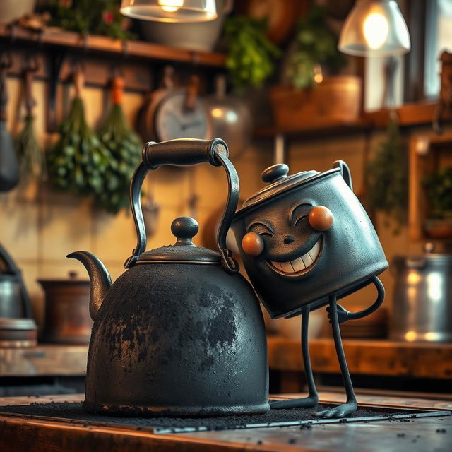 An antique blackened kettle, covered in soot, sits prominently in the center of the image