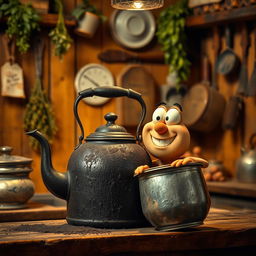 An antique blackened kettle, covered in soot, sits prominently in the center of the image