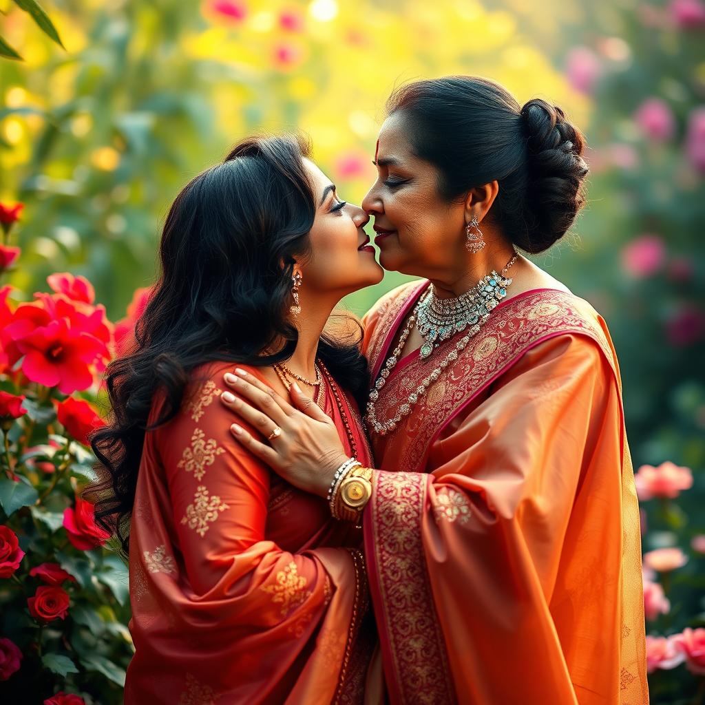 A beautifully intimate moment depicting two iconic Indian actresses, Madhuri Dixit and Rekha, sharing a tender kiss