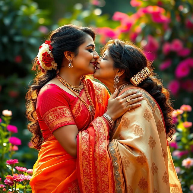 A beautifully intimate moment depicting two iconic Indian actresses, Madhuri Dixit and Rekha, sharing a tender kiss