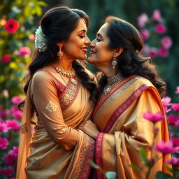 A beautifully intimate moment depicting two iconic Indian actresses, Madhuri Dixit and Rekha, sharing a tender kiss