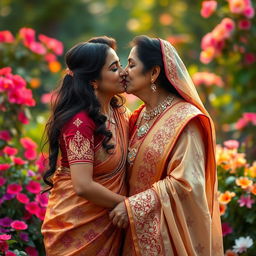A beautifully intimate moment depicting two iconic Indian actresses, Madhuri Dixit and Rekha, sharing a tender kiss