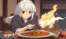 Studio Ghibli style anime of a white-haired girl comically breathing out fire after eating medium spice curry in a traditional Japanese setting