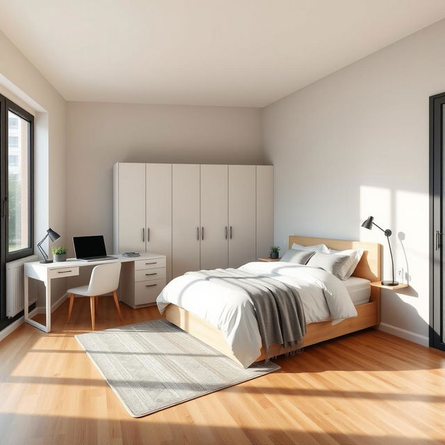 A minimalistic bedroom for a young man, featuring a simple yet stylish design