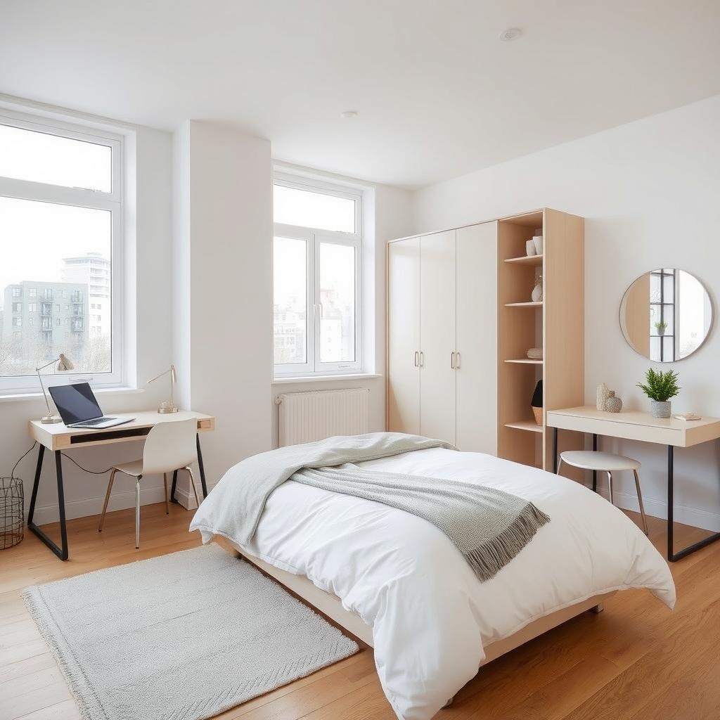 A minimalistic bedroom for a young man, featuring a simple yet stylish design