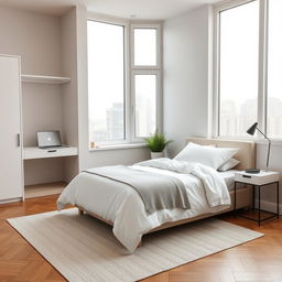 A minimalistic bedroom for a young man, featuring a simple yet stylish design