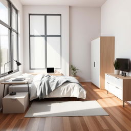 A minimalistic bedroom for a young man, featuring a simple yet stylish design