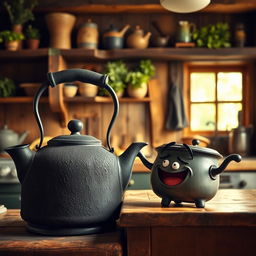 An antique blackened kettle, completely covered in soot, is prominently displayed in the image