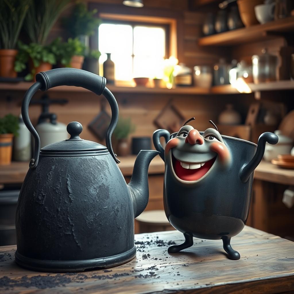 An antique blackened kettle, completely covered in soot, is prominently displayed in the image