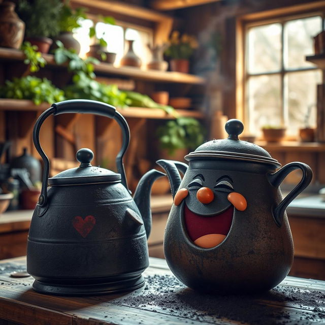 An antique blackened kettle, completely covered in soot, is prominently displayed in the image