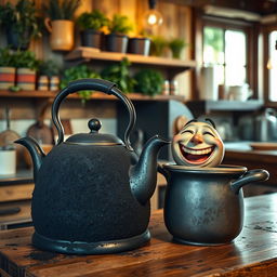 An antique blackened kettle, completely covered in soot, is prominently displayed in the image