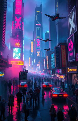 A vibrant, neon-lit cyberpunk cityscape featuring towering skyscrapers with holographic advertisements, bustling streets filled with diverse crowds in futuristic clothing, vibrant colors reflecting off wet pavement, flying cars weaving through the sky, and a moody atmosphere enhanced by mist and glowing lights