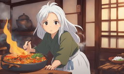 Studio Ghibli style anime of a white-haired girl comically breathing out fire after eating medium spice curry in a traditional Japanese setting