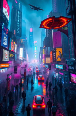 A vibrant, neon-lit cyberpunk cityscape featuring towering skyscrapers with holographic advertisements, bustling streets filled with diverse crowds in futuristic clothing, vibrant colors reflecting off wet pavement, flying cars weaving through the sky, and a moody atmosphere enhanced by mist and glowing lights