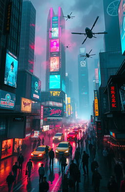 A vibrant, neon-lit cyberpunk cityscape featuring towering skyscrapers with holographic advertisements, bustling streets filled with diverse crowds in futuristic clothing, vibrant colors reflecting off wet pavement, flying cars weaving through the sky, and a moody atmosphere enhanced by mist and glowing lights