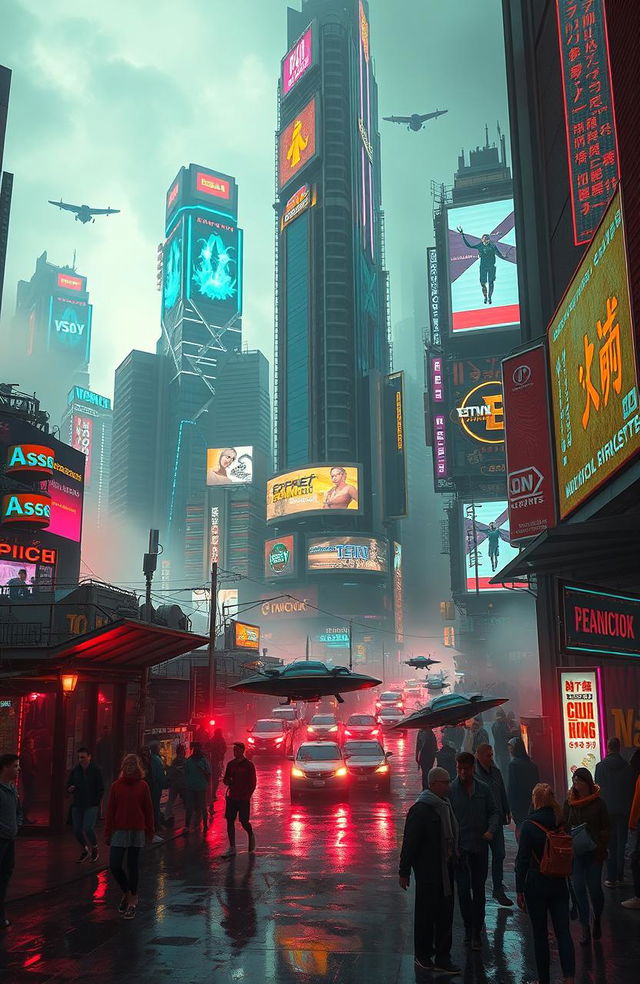 A vibrant, neon-lit cyberpunk cityscape featuring towering skyscrapers with holographic advertisements, bustling streets filled with diverse crowds in futuristic clothing, vibrant colors reflecting off wet pavement, flying cars weaving through the sky, and a moody atmosphere enhanced by mist and glowing lights