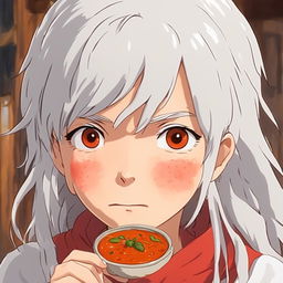 Close-up of a white-haired girl's red, sweating face in a comical scene after eating medium spice curry, Studio Ghibli style.