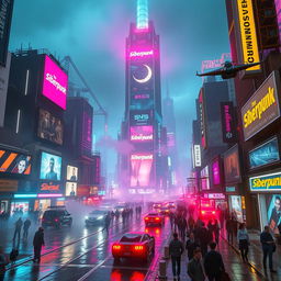 A vibrant, neon-lit cyberpunk cityscape featuring towering skyscrapers with holographic advertisements and a prominent label that reads "Siberpunk" in bold, glowing letters
