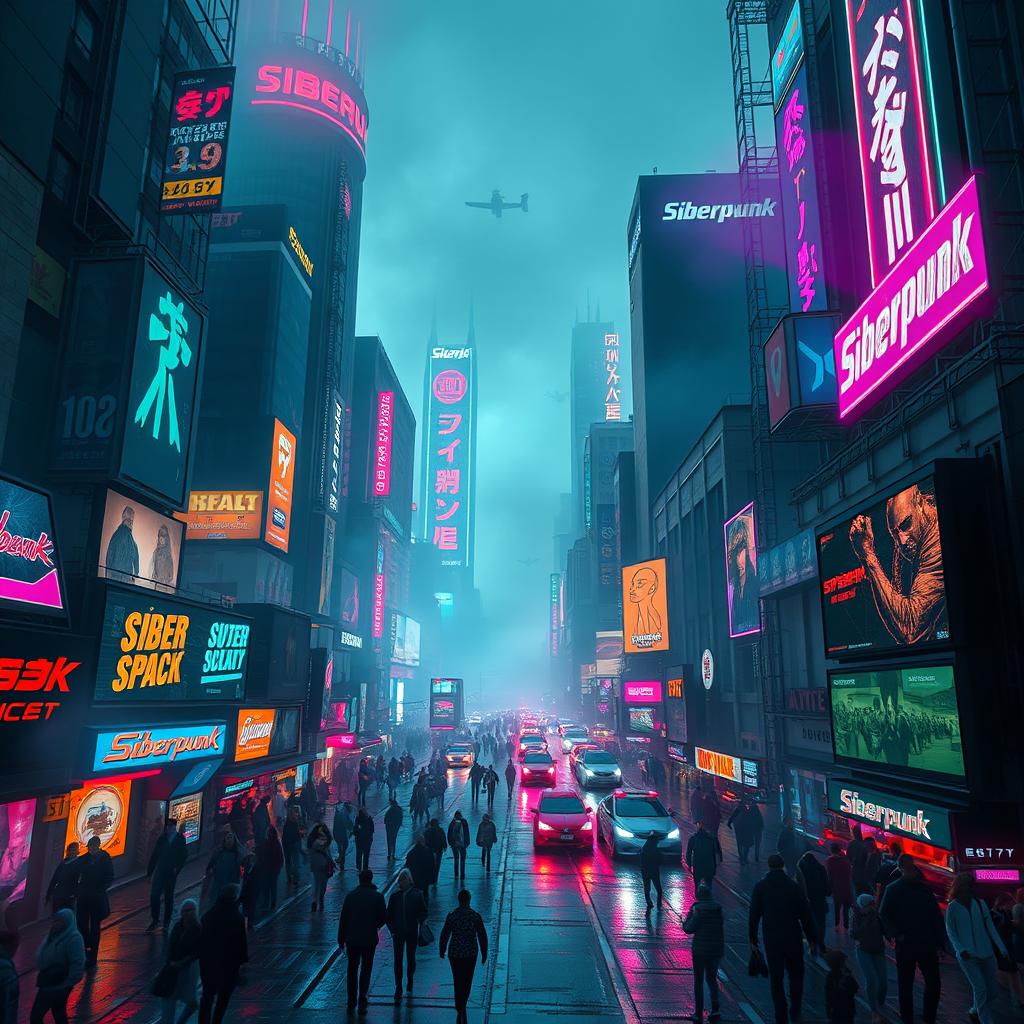 A vibrant, neon-lit cyberpunk cityscape featuring towering skyscrapers with holographic advertisements and a prominent label that reads "Siberpunk" in bold, glowing letters