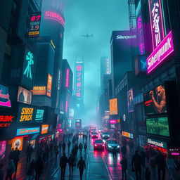 A vibrant, neon-lit cyberpunk cityscape featuring towering skyscrapers with holographic advertisements and a prominent label that reads "Siberpunk" in bold, glowing letters