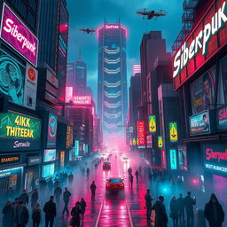 A vibrant, neon-lit cyberpunk cityscape featuring towering skyscrapers with holographic advertisements and a prominent label that reads "Siberpunk" in bold, glowing letters