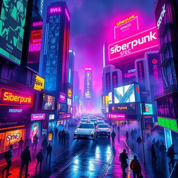 A vibrant, neon-lit cyberpunk cityscape featuring towering skyscrapers with holographic advertisements and a prominent label that reads "Siberpunk" in bold, glowing letters