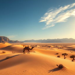 A breathtaking desert landscape, showcasing golden sand dunes rolling under a clear blue sky, with a few wispy clouds