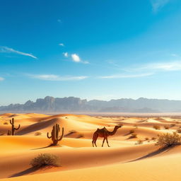 A breathtaking desert landscape, showcasing golden sand dunes rolling under a clear blue sky, with a few wispy clouds