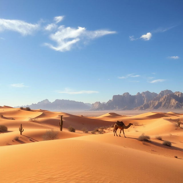 A breathtaking desert landscape, showcasing golden sand dunes rolling under a clear blue sky, with a few wispy clouds