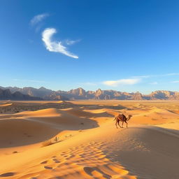 A breathtaking desert landscape, showcasing golden sand dunes rolling under a clear blue sky, with a few wispy clouds