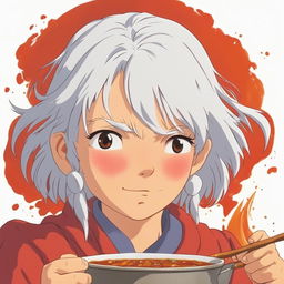 Close-up of a white-haired girl's red, sweating face in a comical scene after eating medium spice curry, Studio Ghibli style.