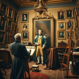 A historical scene depicting a classical painter in action, capturing a full-length portrait of a distinguished nobleman or noblewoman in a grand, ornate studio