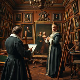 A historical scene depicting a classical painter in action, capturing a full-length portrait of a distinguished nobleman or noblewoman in a grand, ornate studio