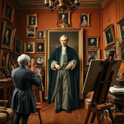 A historical scene depicting a classical painter in action, capturing a full-length portrait of a distinguished nobleman or noblewoman in a grand, ornate studio