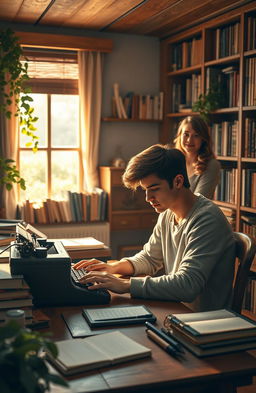 A serene and uplifting scene depicting a writer in a cozy, warmly lit environment surrounded by books and writing tools