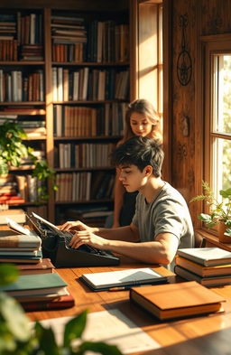 A serene and uplifting scene depicting a writer in a cozy, warmly lit environment surrounded by books and writing tools