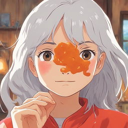 Close-up of a white-haired girl's red, sweating face in a comical scene after eating medium spice curry, Studio Ghibli style.