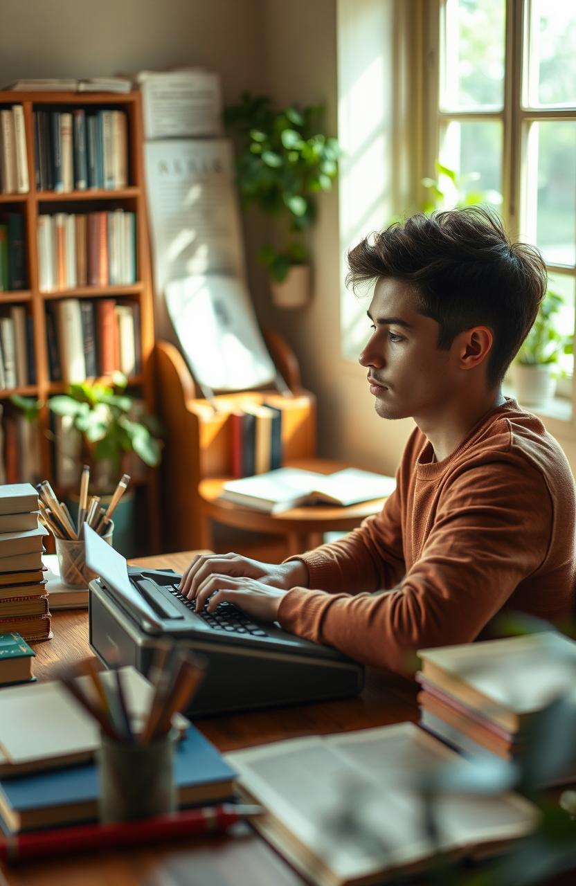 A serene and uplifting scene depicting a writer in a cozy, warmly lit environment surrounded by books and writing tools