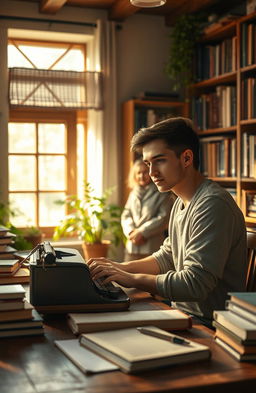 A serene and uplifting scene depicting a writer in a cozy, warmly lit environment surrounded by books and writing tools