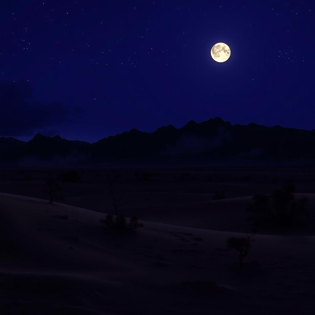 A dramatic dark desert landscape at twilight, featuring deep blue and purple hues filling the sky as the last light of the day fades