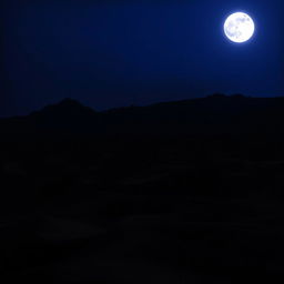 A dramatic dark desert landscape at twilight, featuring deep blue and purple hues filling the sky as the last light of the day fades